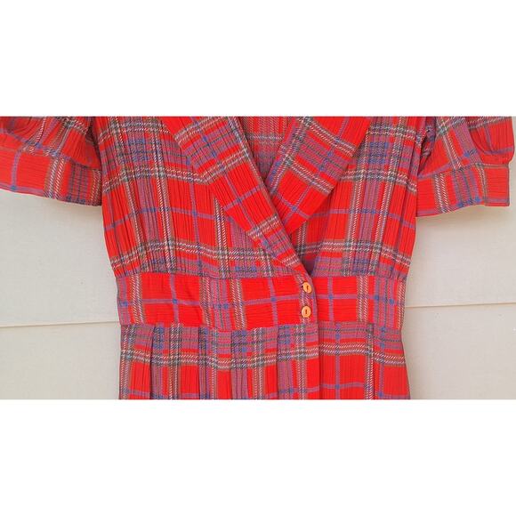 Vintage Jackie Bernard Eklektic Red Plaid Crepe Pleats Midi Dress Sailor Size 4 - Picture 11 of 13